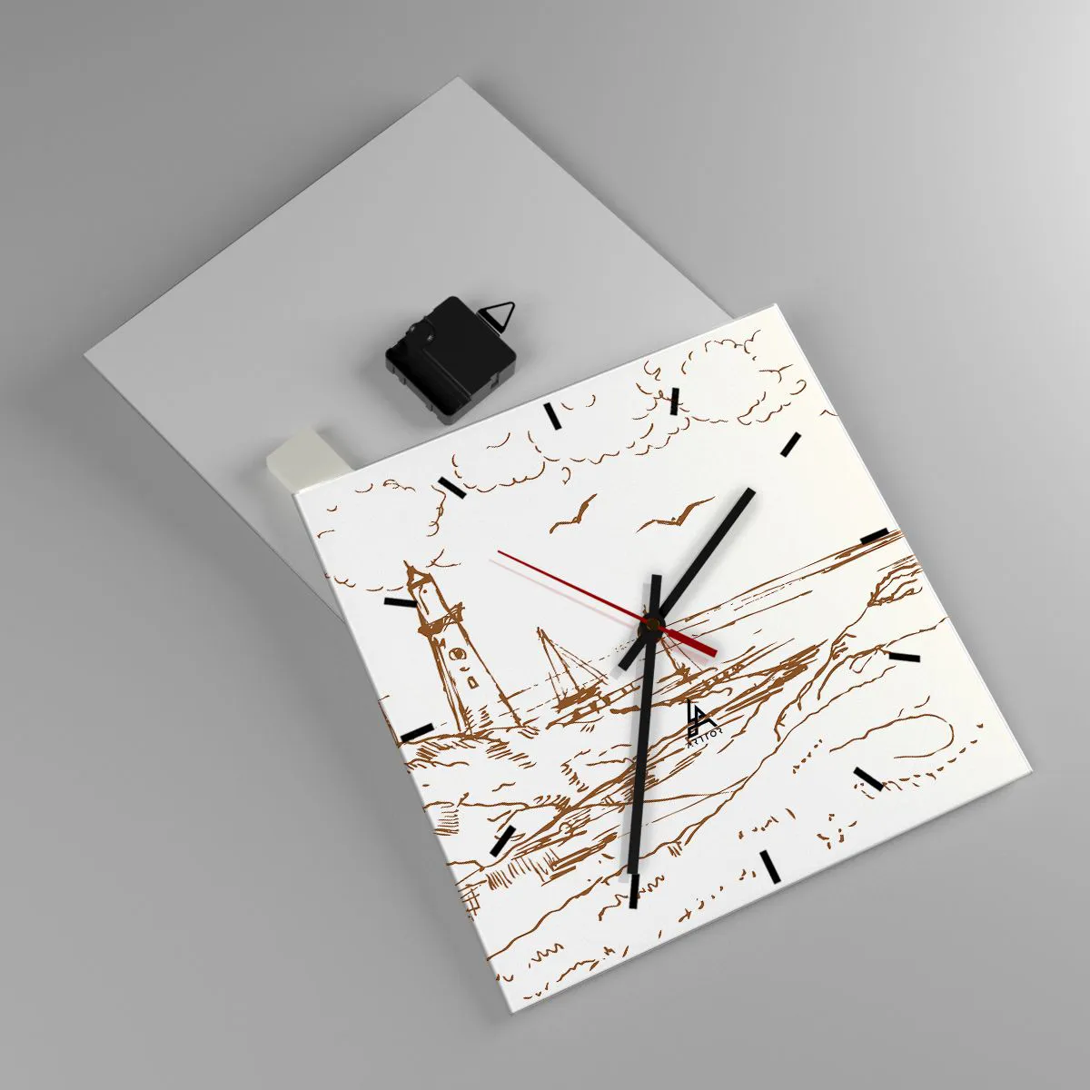 Wanduhr - Glasuhr - Skizze eines Leuchtturms mit Blick auf das Meer - 30x30cm - Ein Überblick über die Erinnerungen an den Sommer - Moderne Wanddekoration für Wohnzimmer und Schlafzimmer ARTTOR