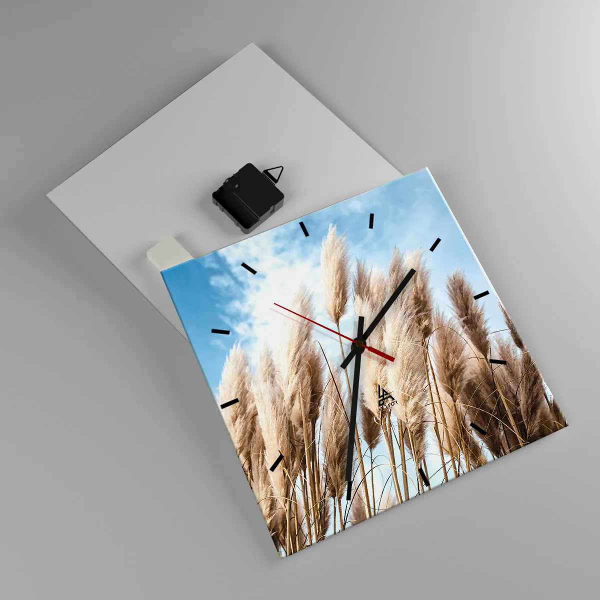 Reloj de pared - Reloj de vidrio - Delicadas hierbas de la pampa contra un cielo azul con nubes ligeras - 30x30cm - Una caricia soleada y ventosa - Decoración de pared moderna para salón y dormitorio ARTTOR