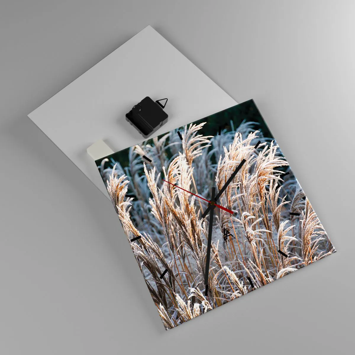 Orologio da parete - Orologio in Vetro - Fili d'erba invernali ricoperti di brina su uno sfondo verde scuro - 30x30cm - Vestite di brina - Decorazione murale moderna per soggiorno e camera da letto ARTTOR