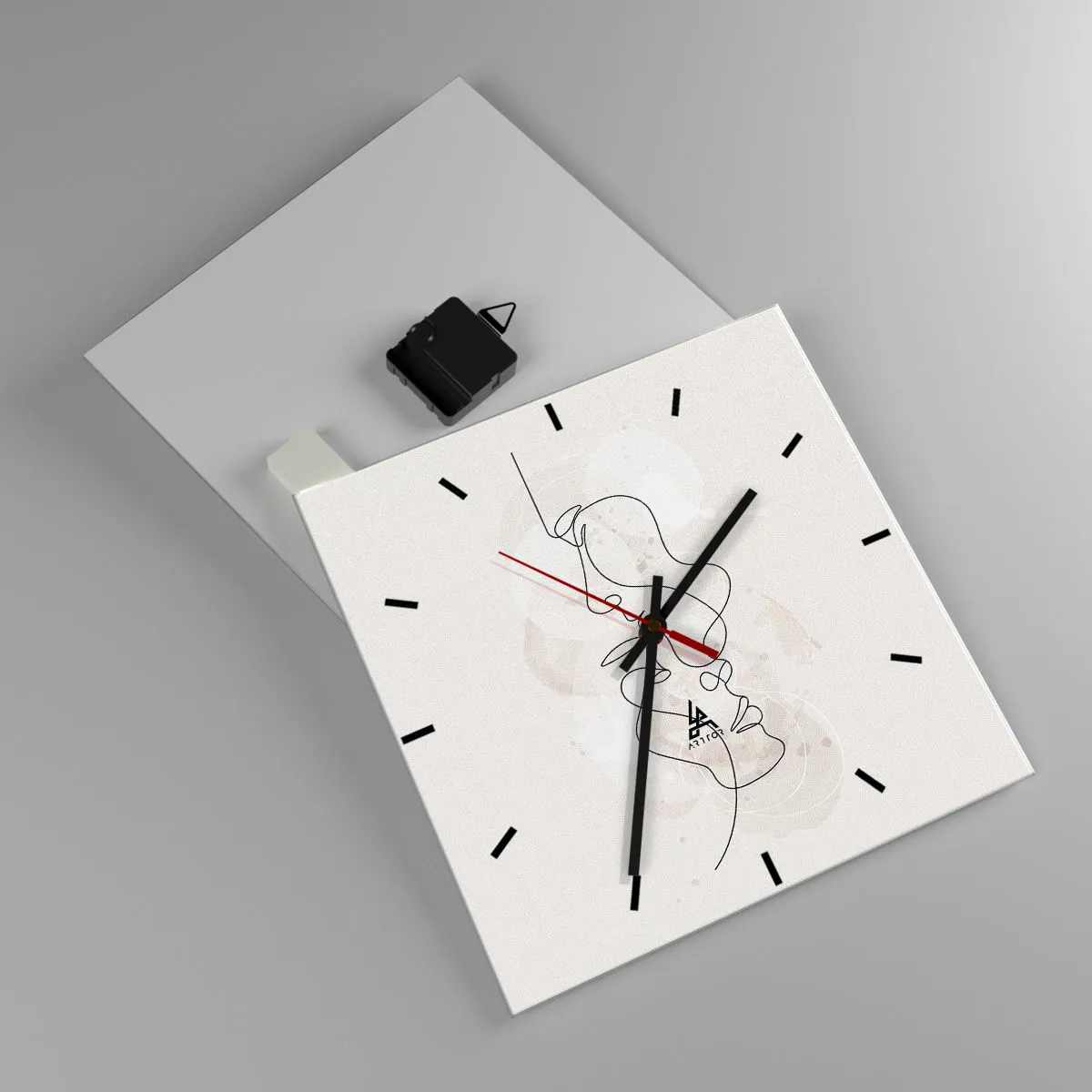 Reloj de pared - Reloj de vidrio - Esquema abstracto de dos caras sobre un fondo claro - 30x30cm - En un abrazo - Decoración de pared moderna para salón y dormitorio ARTTOR