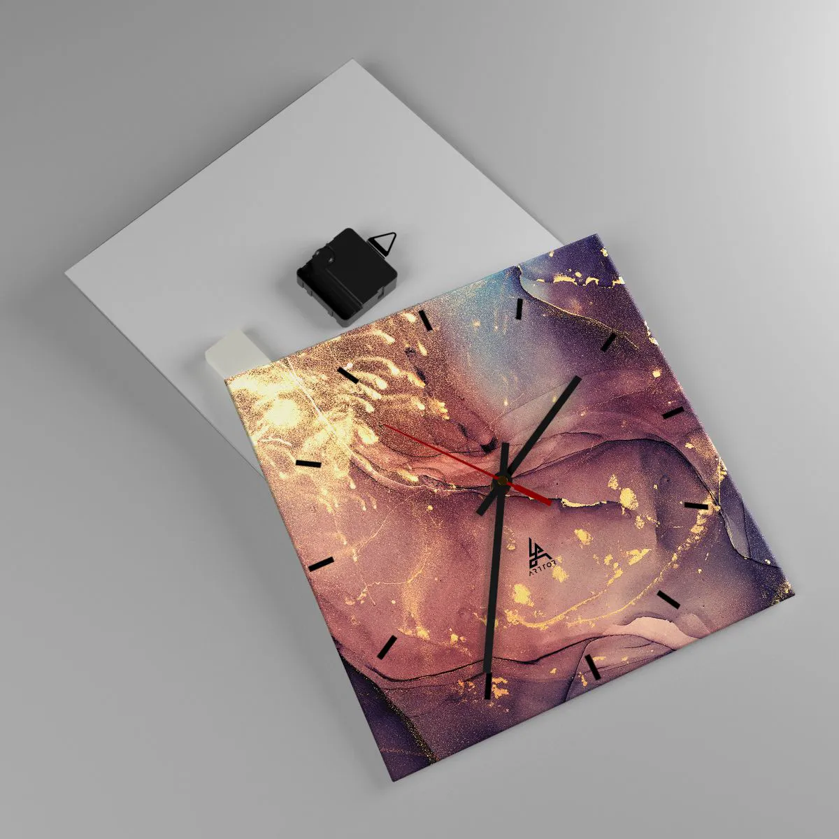 Zegar ścienny - Abstrakcyjna kompozycja z odcieniami złota i fioletu - 30x30cm - Materia i duch - Nowoczesna dekoracja ścienna do salonu i sypialni ARTTOR