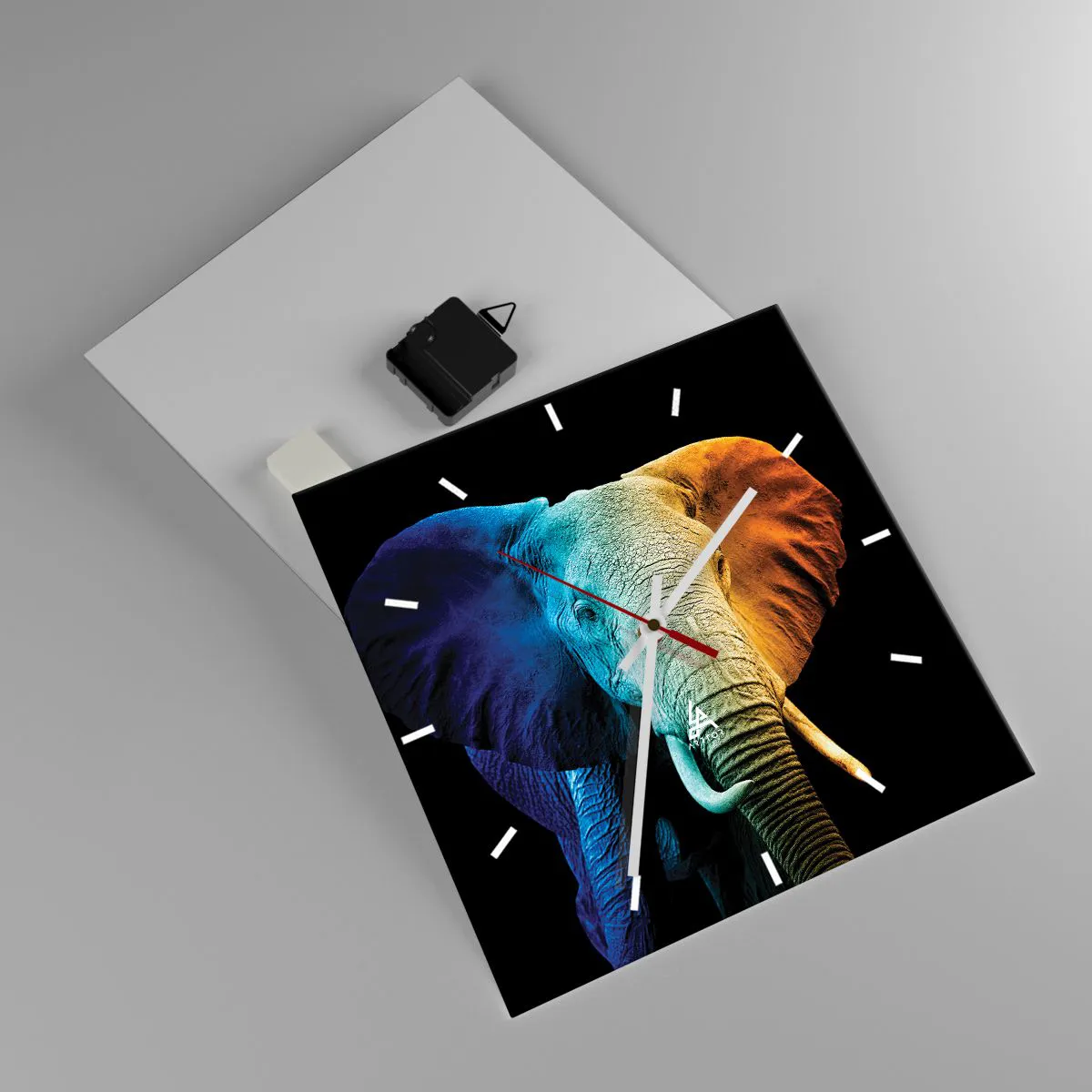 Wanduhr - Glasuhr - Elefantenporträt in Regenbogenfarben - 30x30cm - Exzentrisch, kein Verrückter - Moderne Wanddekoration für Wohnzimmer und Schlafzimmer ARTTOR
