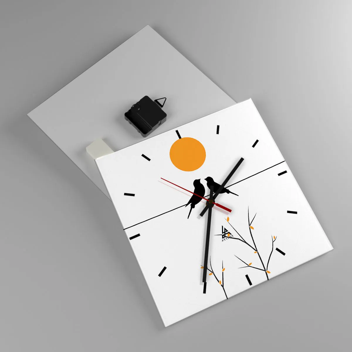 Horloge murale - Pendule murale - Oiseaux sur une ligne avec un soleil jaune - 30x30cm - Soirée pour rossignols - Décoration murale moderne pour le salon et la chambre ARTTOR