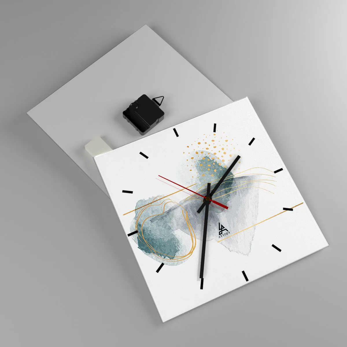Reloj de pared - Reloj de vidrio - Una composición abstracta en tonos turquesa y dorado. - 30x30cm - Sobre la relación entre el gris y el oro - Decoración de pared moderna para salón y dormitorio ARTTOR