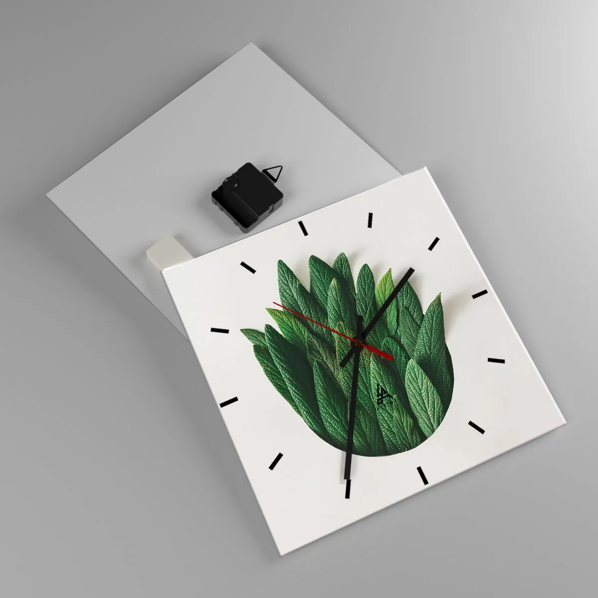 Wanduhr - Glasuhr - Eine Komposition aus grünen Blättern auf hellem Hintergrund - 30x30cm - Ungebremste Neugier - Moderne Wanddekoration für Wohnzimmer und Schlafzimmer ARTTOR