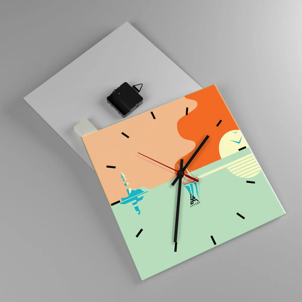 Horloge murale - Pendule murale - Un paysage marin minimaliste avec un voilier et un coucher de soleil - 30x30cm - Paysage idéal de la mer - Décoration murale moderne pour le salon et la chambre ARTTOR