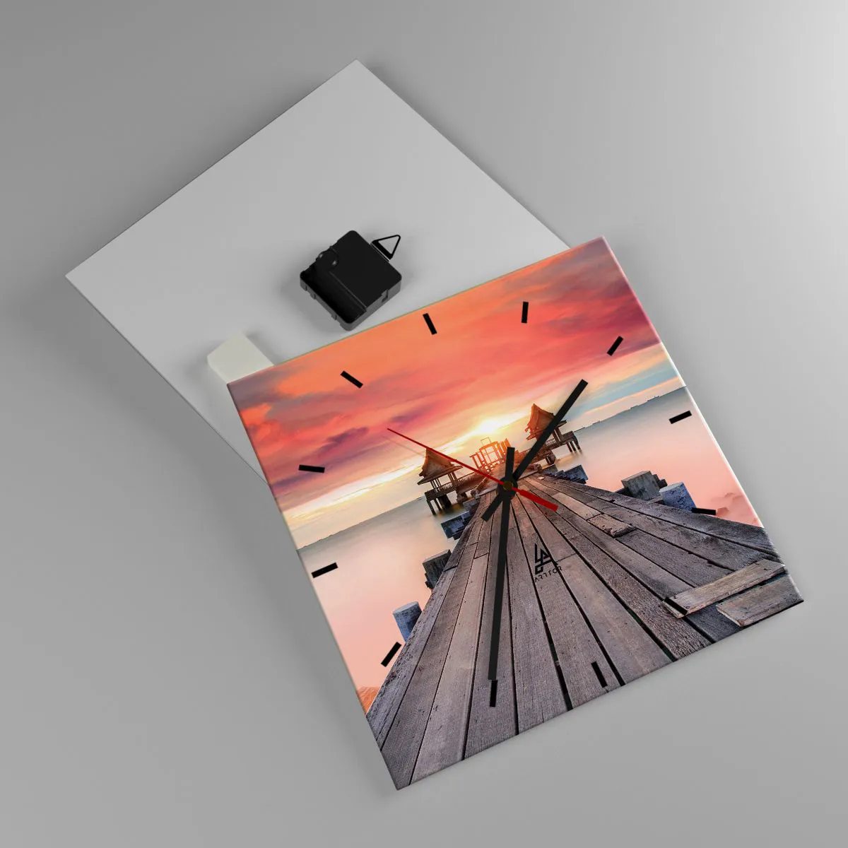 Reloj de pared - Reloj de vidrio - Muelle de madera que conduce a los miradores al atardecer - 30x30cm - De este a oeste - Decoración de pared moderna para salón y dormitorio ARTTOR