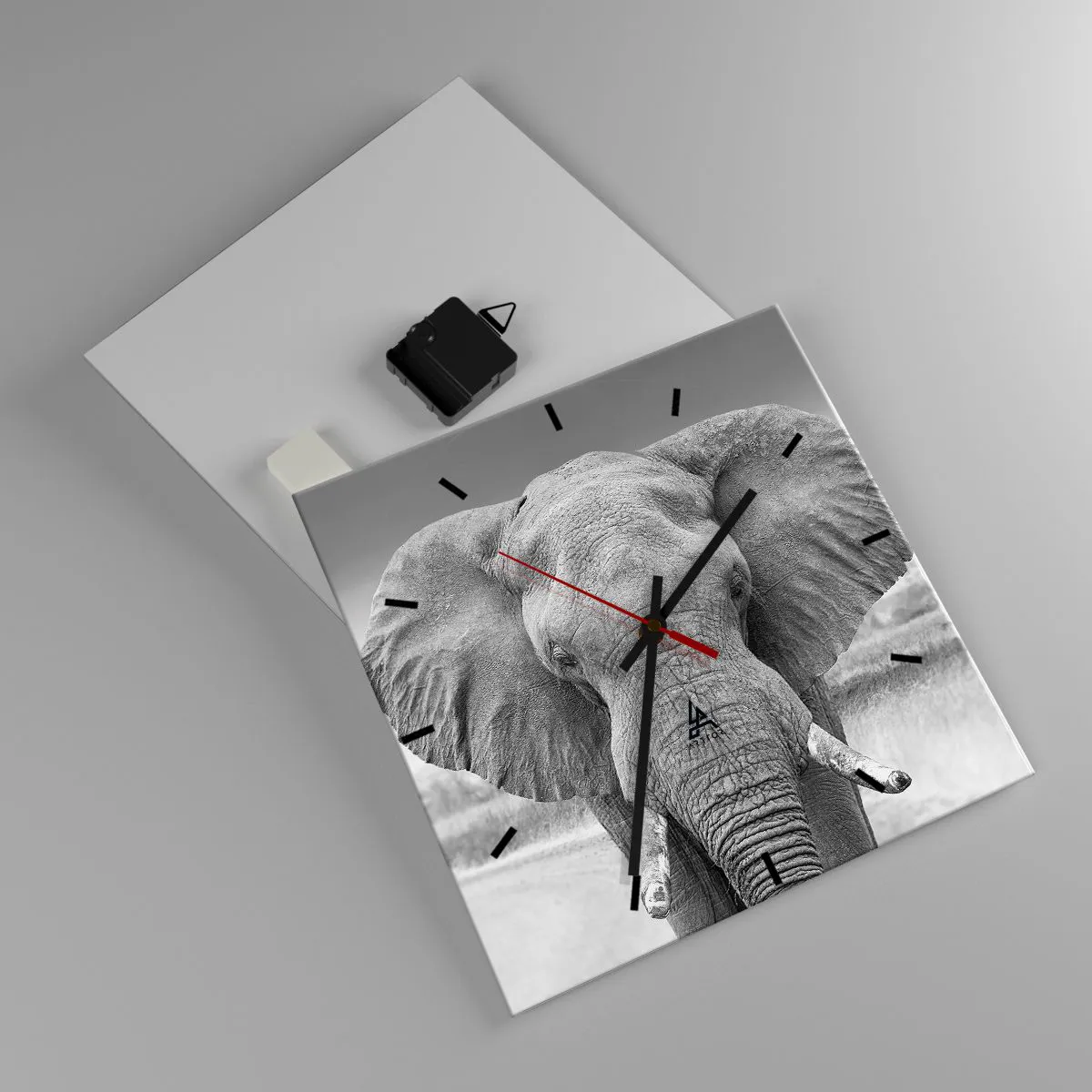 Wanduhr - Glasuhr - Porträt eines Elefanten in Schwarz und Weiß - 30x30cm - Willkommen in meiner Welt - Moderne Wanddekoration für Wohnzimmer und Schlafzimmer ARTTOR