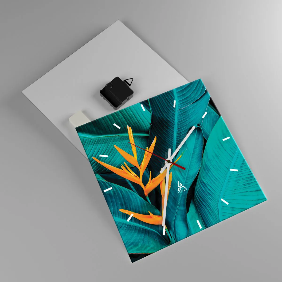 Zegar ścienny - Egzotyczny kwiat na tle liści bananowca w turkusowych odcieniach - 30x30cm - Kwiat Edenu - Nowoczesna dekoracja ścienna do salonu i sypialni ARTTOR