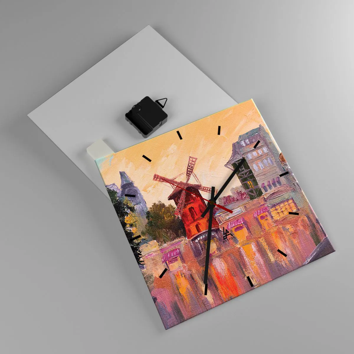 Wanduhr - Glasuhr - Die rote Windmühle des Moulin Rouge, umgeben von der Stadtlandschaft - 30x30cm - Pariser Ikonen – Moulin Rouge - Moderne Wanddekoration für Wohnzimmer und Schlafzimmer ARTTOR