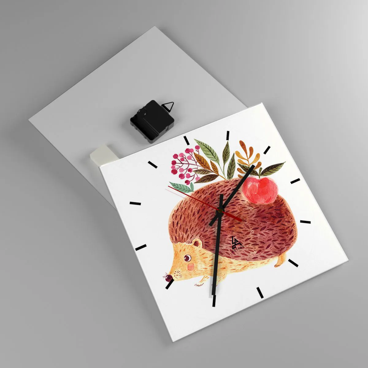 Reloj de pared - Reloj de vidrio - Un lindo erizo con una manzana y plantas en un estilo ilustrativo. - 30x30cm - Y ya te gusto - Decoración de pared moderna para salón y dormitorio ARTTOR