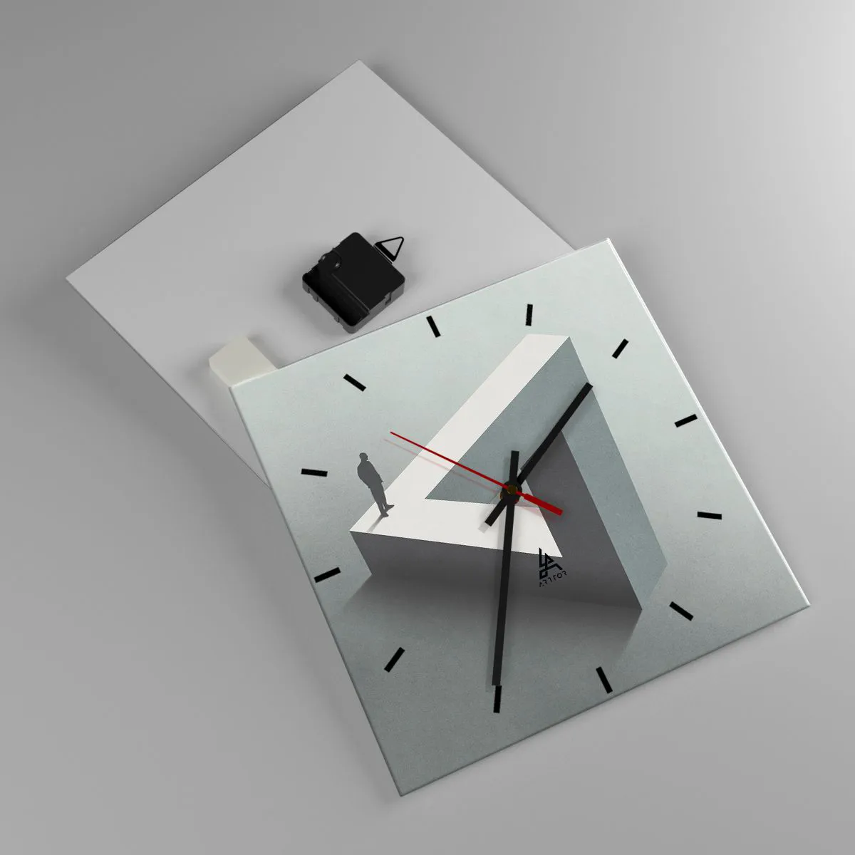Zegar ścienny - Postać stojąca na trójkącie Penrose’a w szarościach - 30x30cm - A jednak możliwe - Nowoczesna dekoracja ścienna do salonu i sypialni ARTTOR