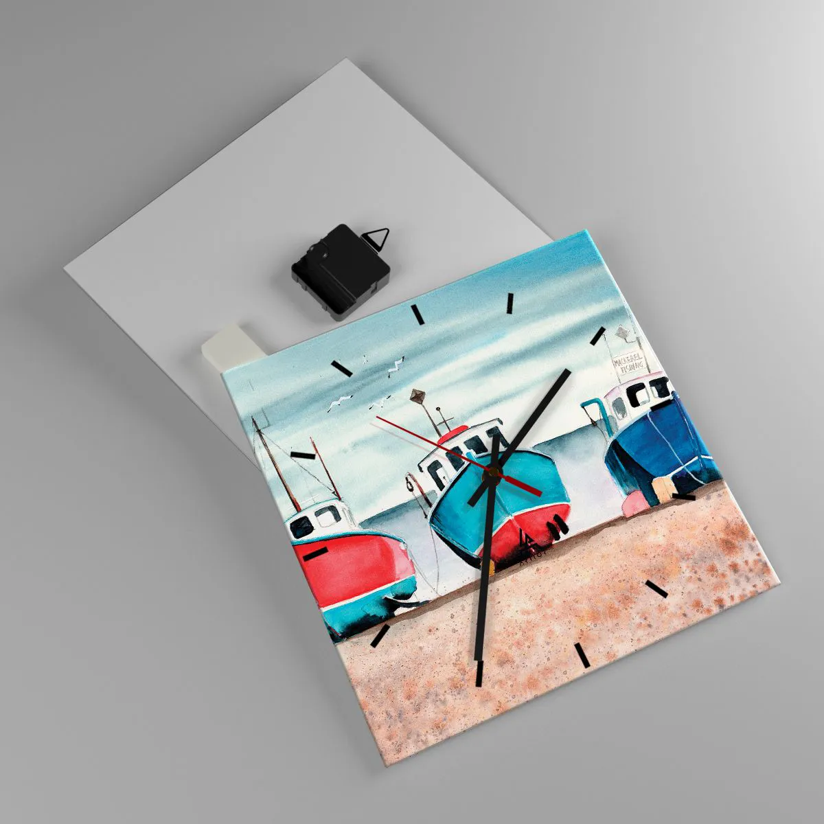 Wanduhr - Glasuhr - Bunte Fischerboote am Ufer in einer Meereslandschaft - 30x30cm - Bereit zum Fang - Moderne Wanddekoration für Wohnzimmer und Schlafzimmer ARTTOR