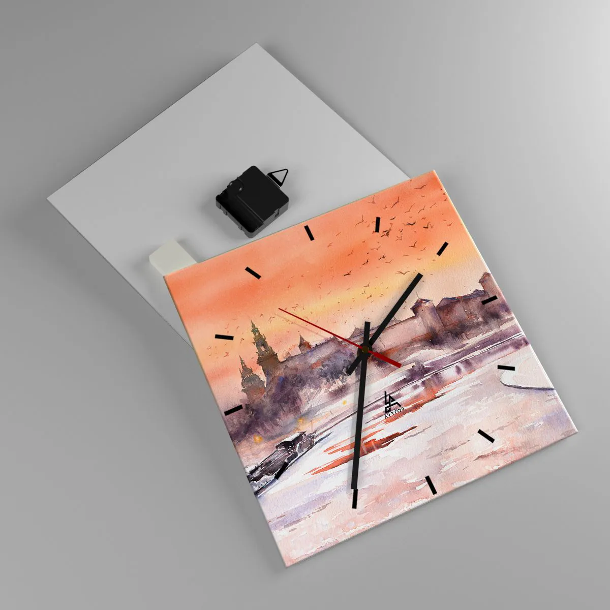 Wanduhr - Glasuhr - Sonnenuntergang über dem Schloss in einer Winterlandschaft - 30x30cm - Königlicher Sonnenuntergang - Moderne Wanddekoration für Wohnzimmer und Schlafzimmer ARTTOR