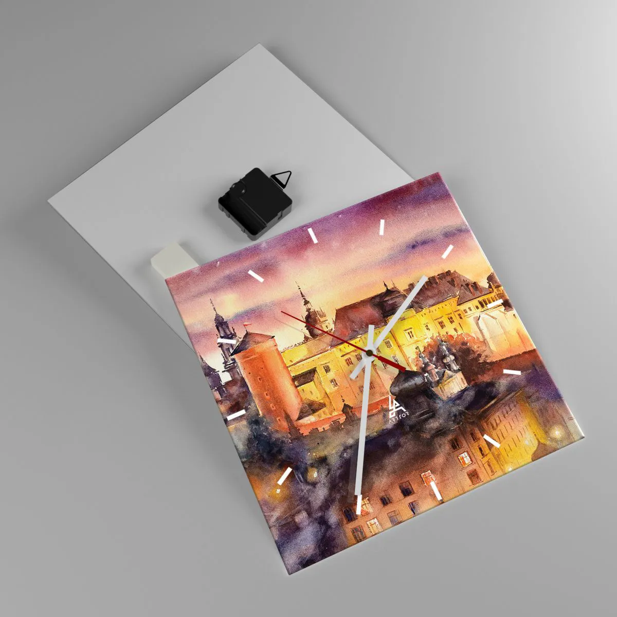 Reloj de pared - Reloj de vidrio - Una pintoresca pintura de acuarela de un castillo al atardecer. - 30x30cm - Una historia y un cuento - Decoración de pared moderna para salón y dormitorio ARTTOR