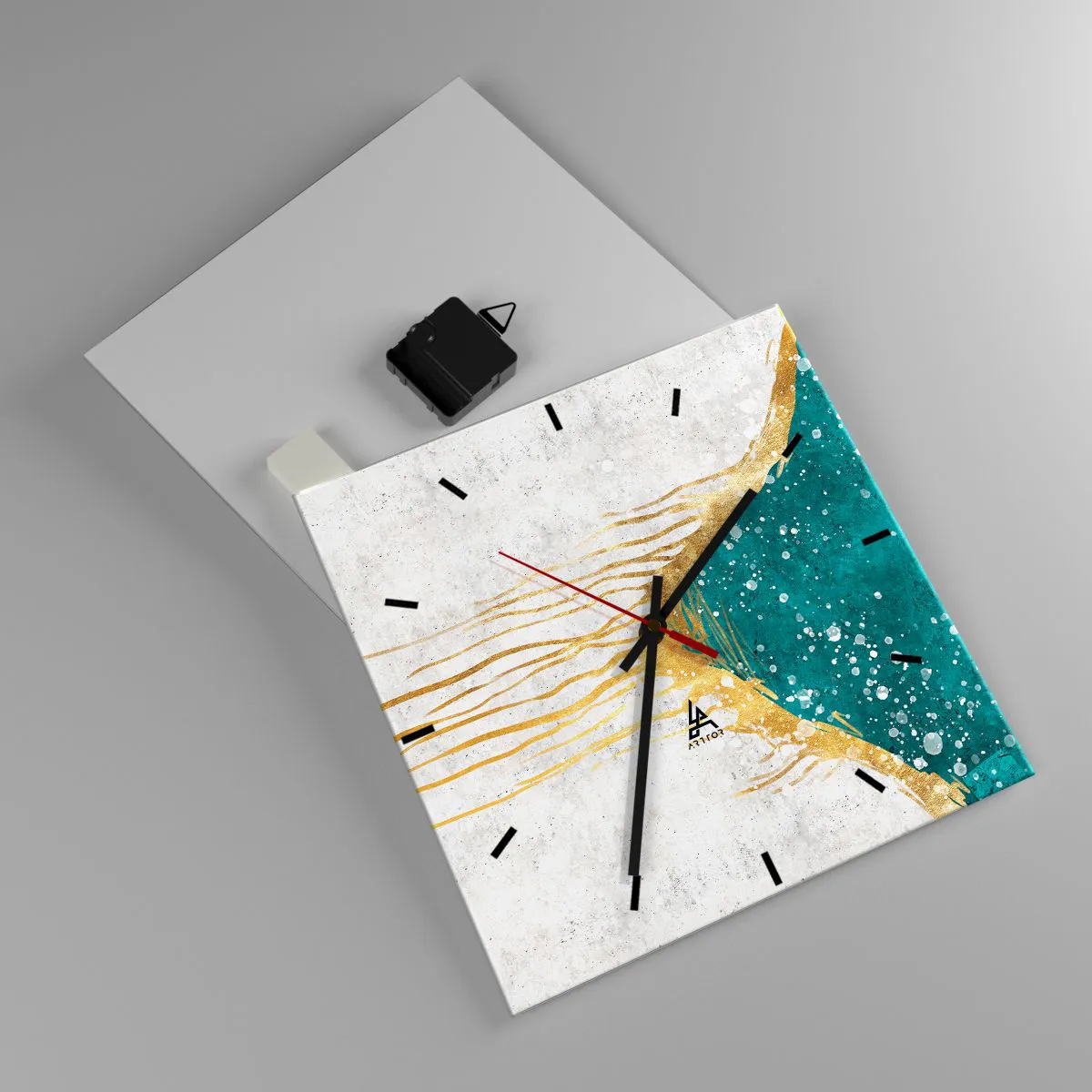 Wanduhr - Glasuhr - Eine abstrakte Komposition in Gold- und Türkistönen - 30x30cm - Goldene Flut - Moderne Wanddekoration für Wohnzimmer und Schlafzimmer ARTTOR