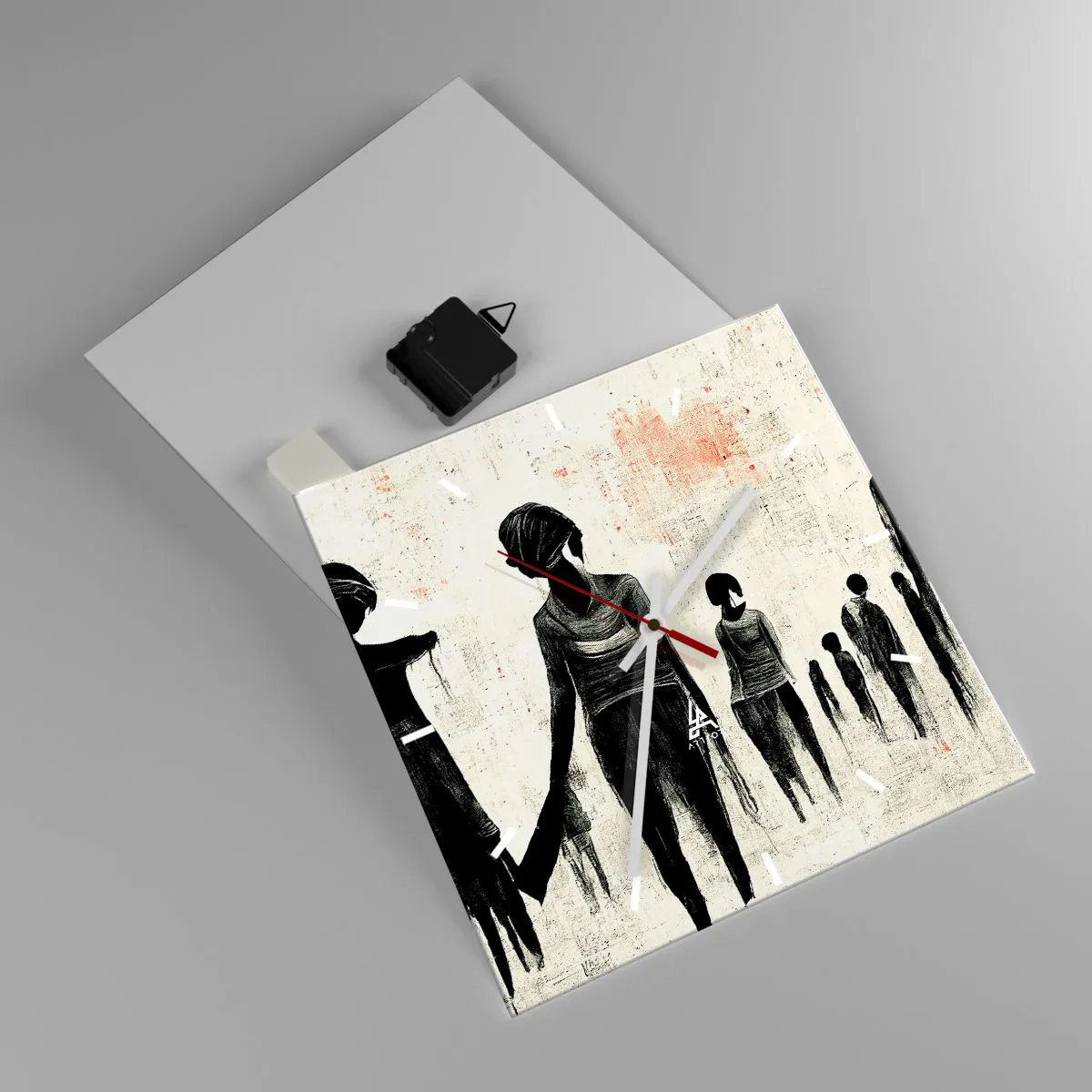 Reloj de pared - Reloj de vidrio - Figuras en una composición monocromática sobre un fondo claro. - 30x30cm - Contra la soledad - Decoración de pared moderna para salón y dormitorio ARTTOR