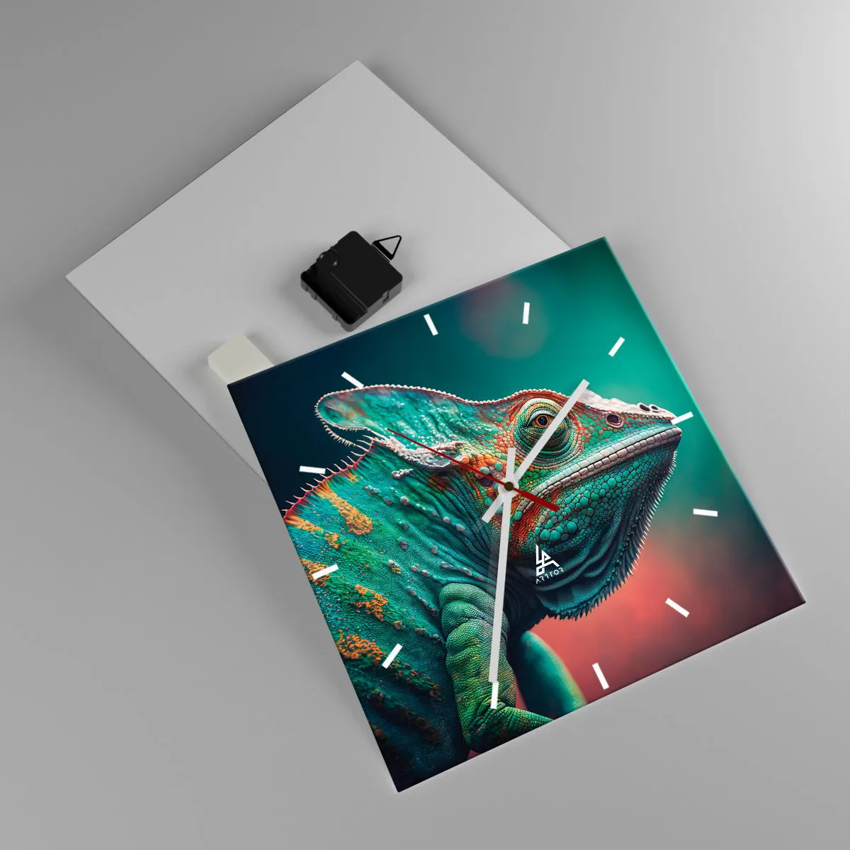 Reloj de pared - Reloj de vidrio - Primer plano de un camaleón en colores intensos. - 30x30cm - ¿Puedes verme? No está bien... - Decoración de pared moderna para salón y dormitorio ARTTOR