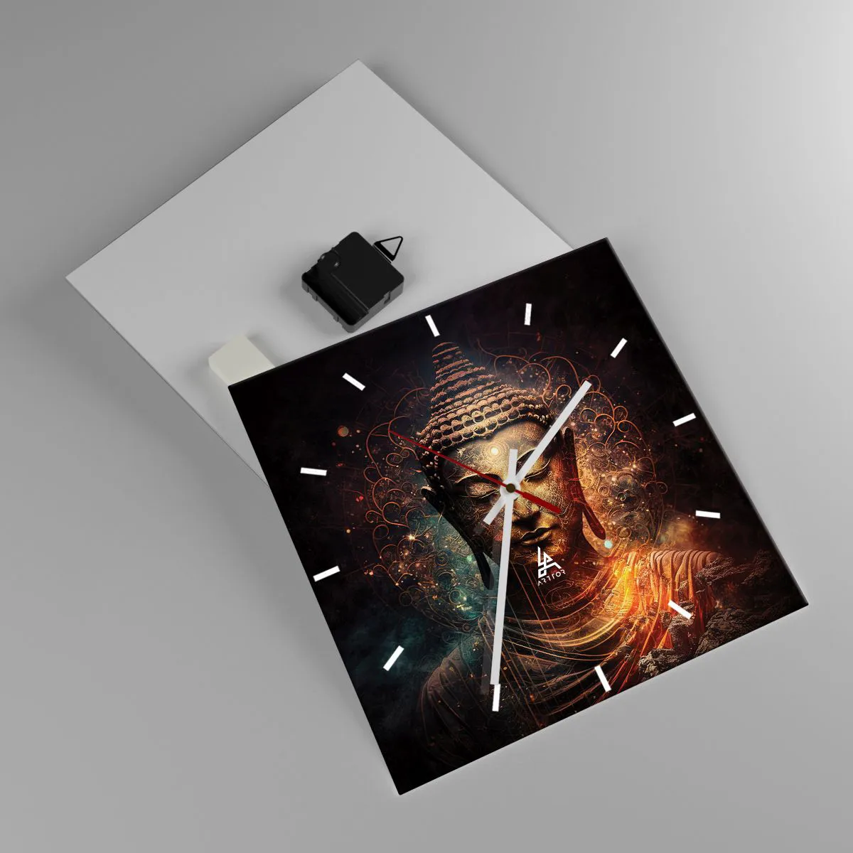 Horloge murale - Pendule murale - Bouddha doré sur fond sombre avec ornements - 30x30cm - Équilibre spirituel - Décoration murale moderne pour le salon et la chambre ARTTOR