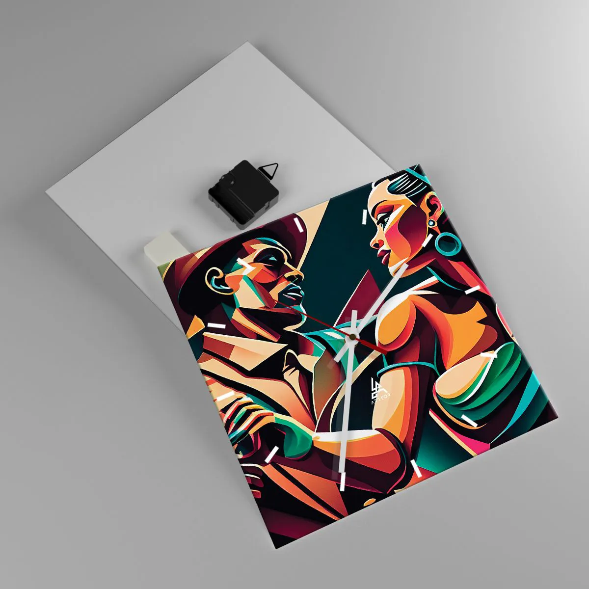 Wanduhr - Glasuhr - Ein stilisiertes Paar, das in leuchtenden, geometrischen Farben tanzt. - 30x30cm - Im Rhythmus des Herzens - Moderne Wanddekoration für Wohnzimmer und Schlafzimmer ARTTOR