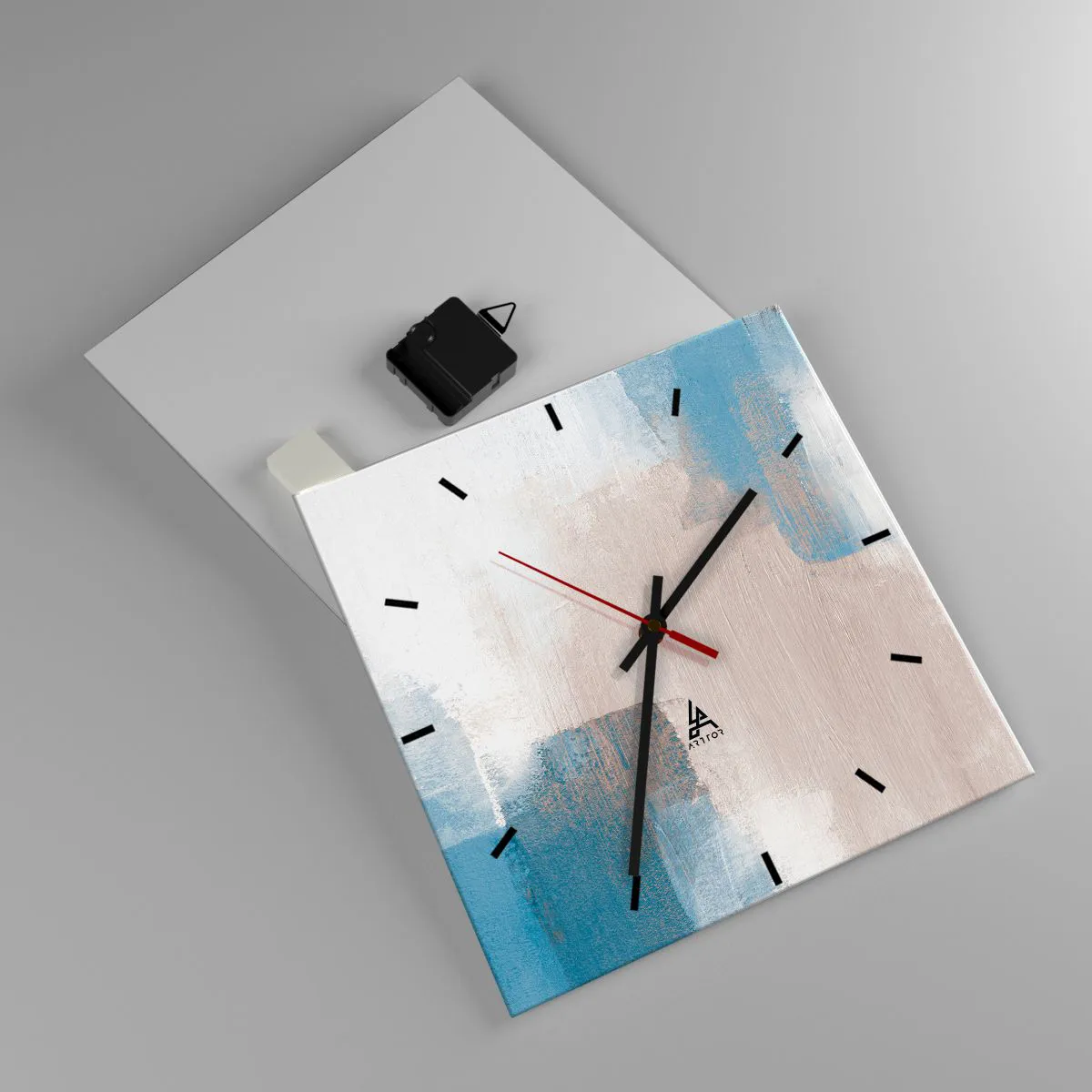 Ceas de perete - Ceas pe sticlă - Abstracție roz în spatele unui voal de albastru - 30x30 cm