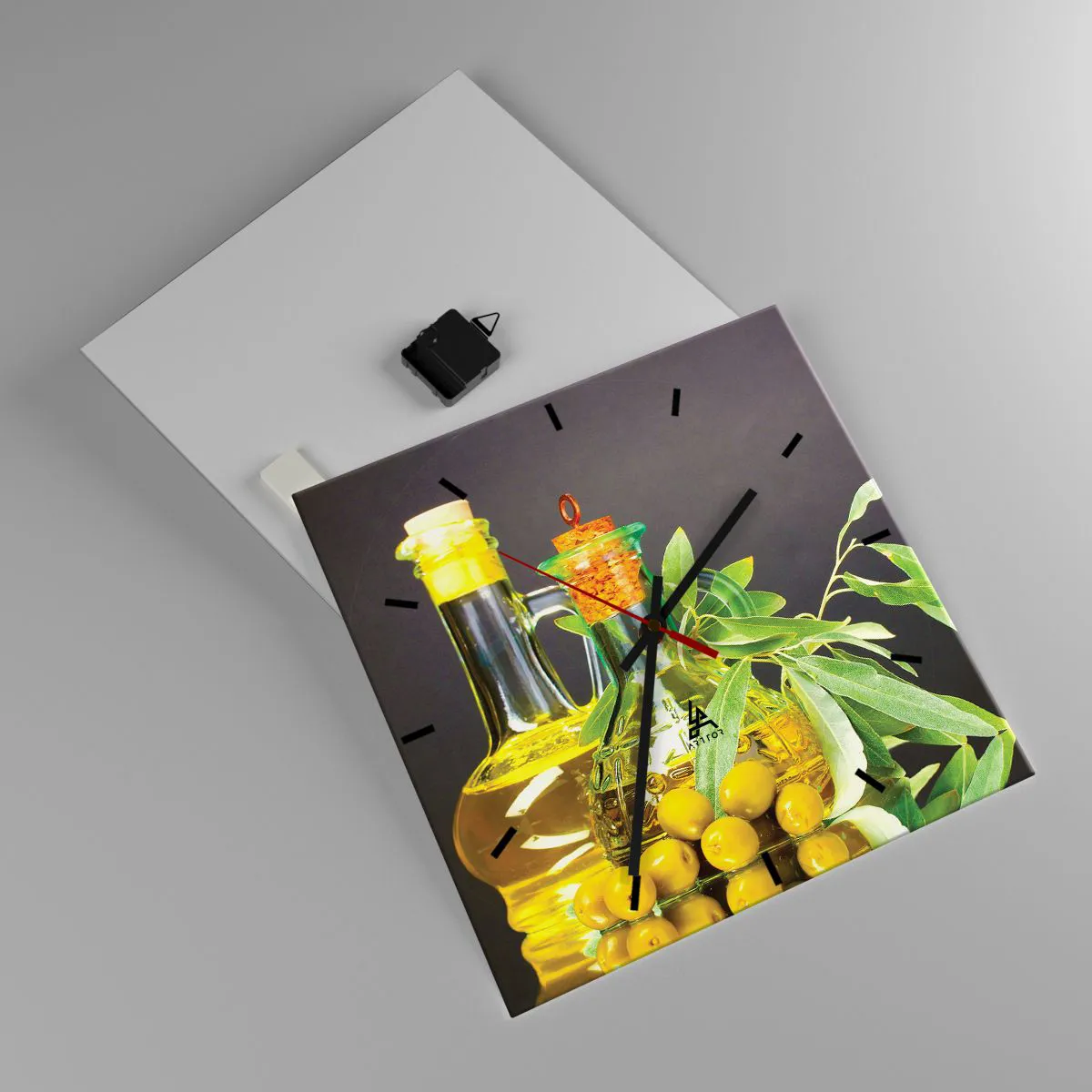 Wanduhr - Glasuhr - Stillleben mit Oliven und Olivenöl - 40x40 cm