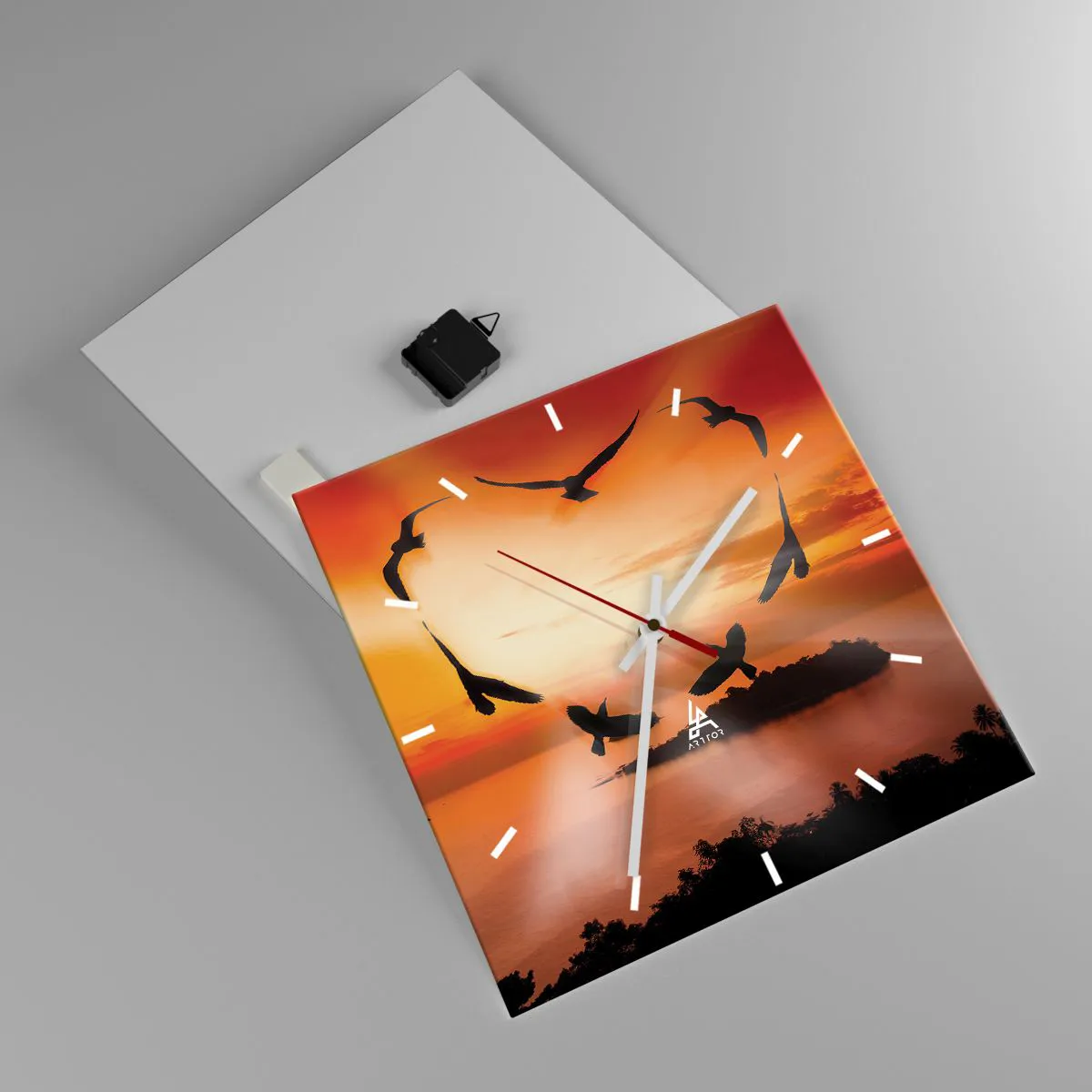 Ceas de perete - Ceas pe sticlă - Iubește lumea ca o pasăre - 40x40 cm