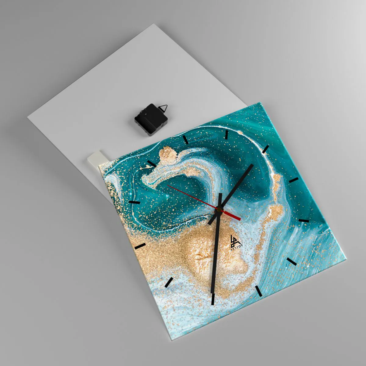 Relógio de parede - Relógio em vidro - Um vórtice de ouro e turquesa - 40x40 cm