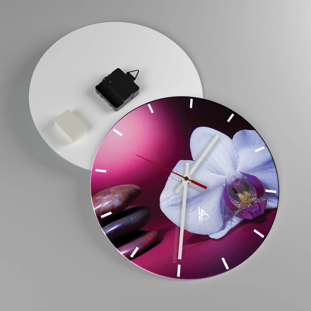 Wall clock - Clock on glass - A white orchid against a background of stones and purple - 30x30cm - Study of Freshness in Purple - Modern wall decoration for the living room, kitchen, and bedroom ARTTOR