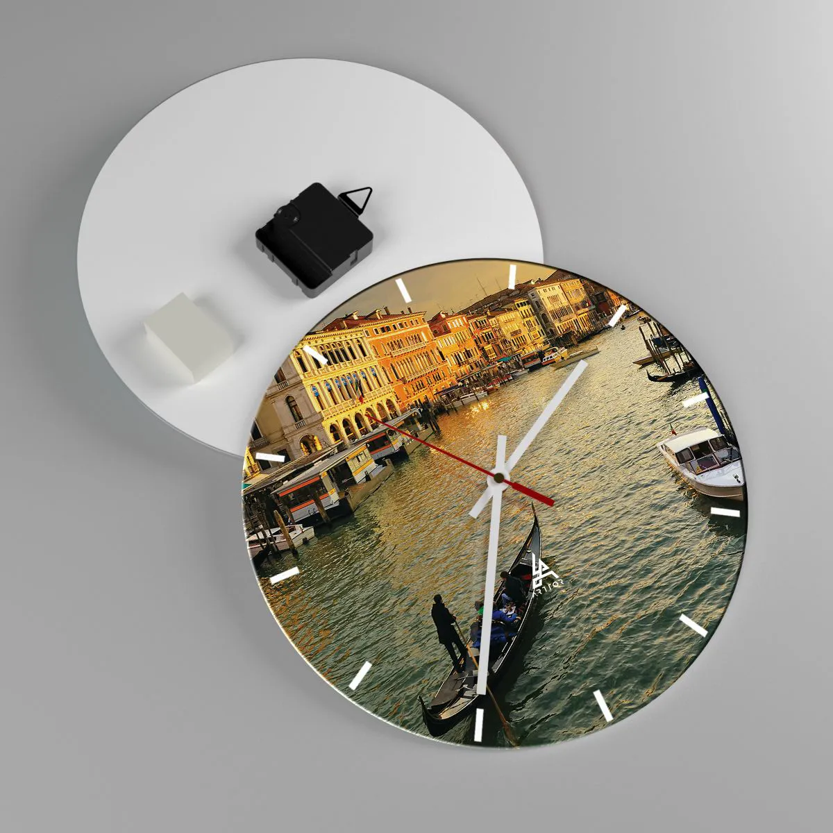 Wall clock - Clock on glass - A canal in Venice with gondolas and illuminated buildings - 30x30cm - On the Sunny side of a Street - Modern wall decoration for the living room, kitchen, and bedroom ARTTOR