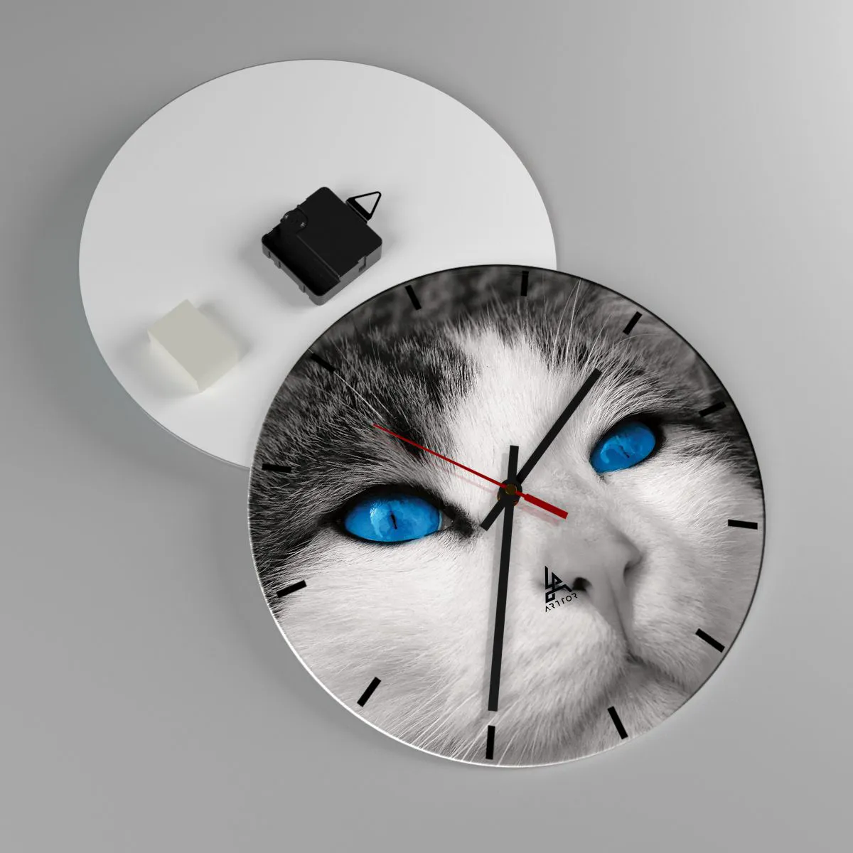 Väggklocka - Klocka på glas - Närbild av ett kattansikte med intensiva blå ögon - 30x30cm - Ovanligt blåögd - Modern väggdekoration för vardagsrum, kök och sovrum ARTTOR