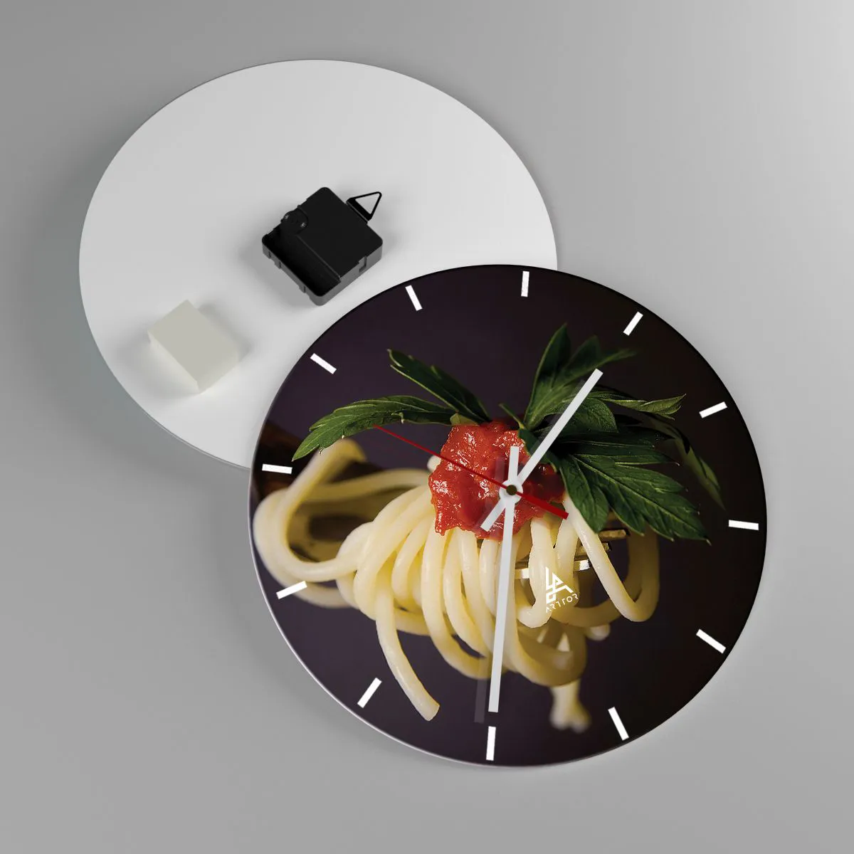 Nástěnné hodiny - Špagety s rajčatovou omáčkou a bylinkami - 30x30cm - Chutný kousek - Moderní nástěnná dekorace do obývacího pokoje, kuchyně a ložnice ARTTOR