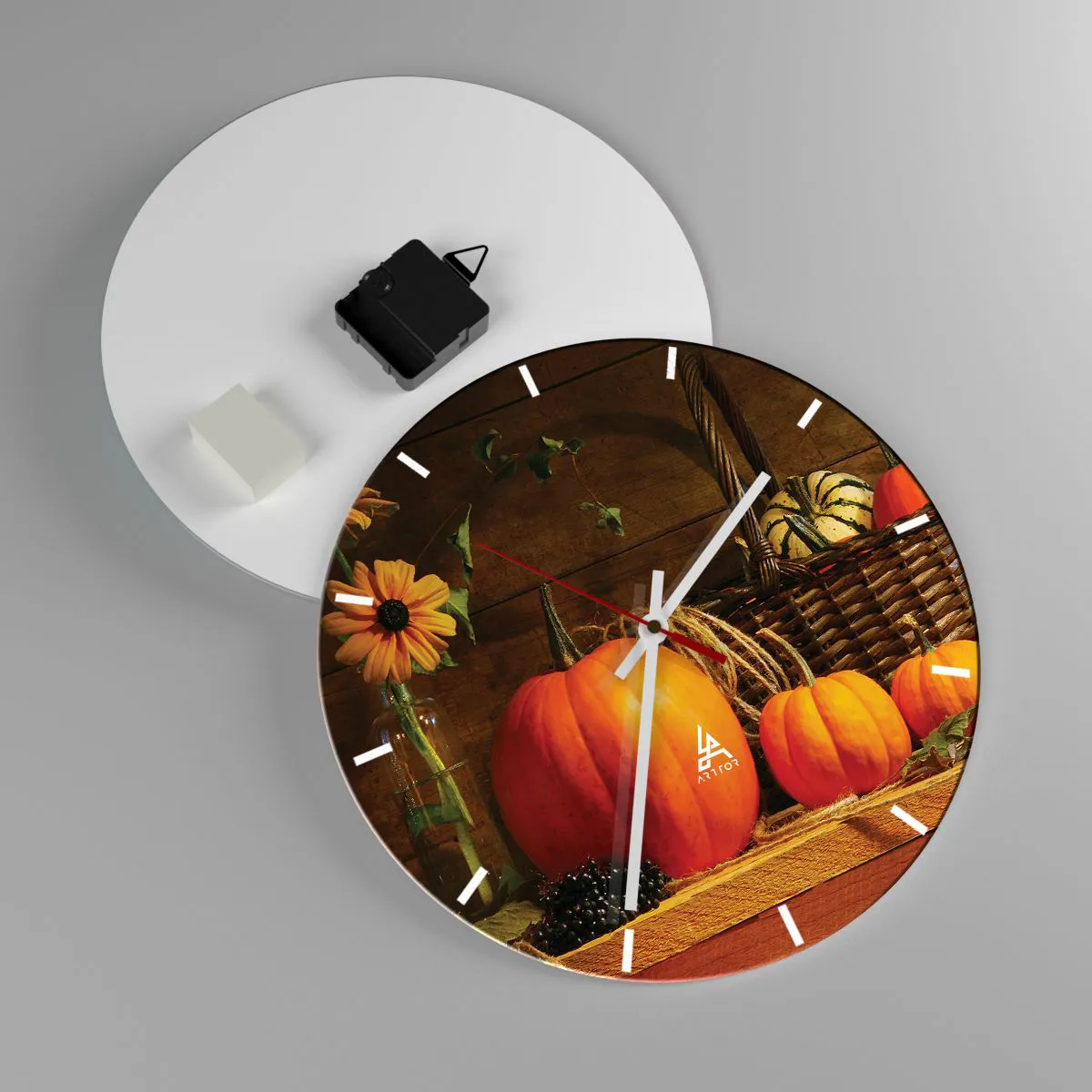 Ceas de perete - Ceas pe sticlă - O compoziție de dovleci, floarea-soarelui și un coș de răchită - 30x30cm - Compoziție rustică - cadouri de toamnă - Decorațiune modernă pentru perete pentru living, bucătărie și dormitor ARTTOR