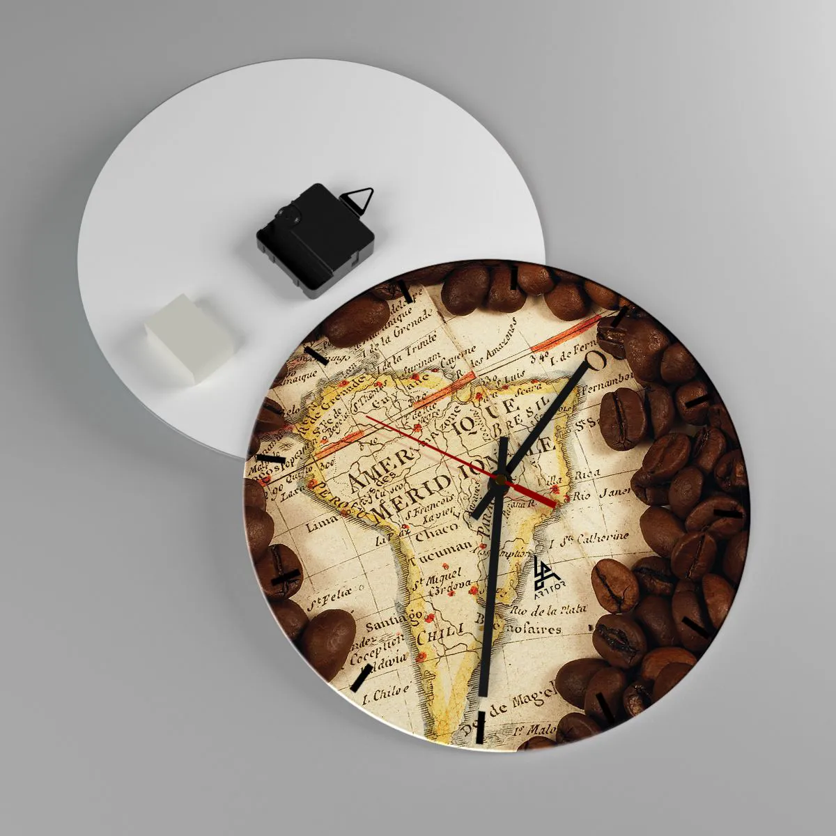 Wall clock - Clock on glass - Map of South America with coffee beans - 30x30cm - Where Does the Best Coffee Come from? - Modern wall decoration for the living room, kitchen, and bedroom ARTTOR