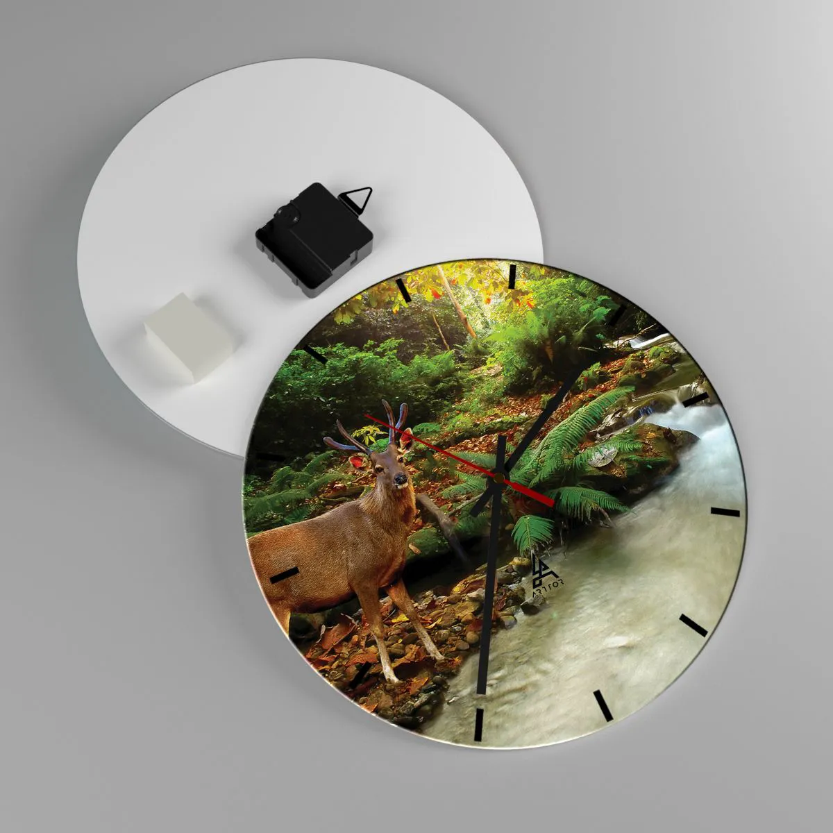 Wanduhr - Glasuhr - Hirsche in einer Waldlandschaft an einem Bach - 30x30cm - Willkommen in meiner Welt - Moderne Wanddekoration für Wohnzimmer, Küche und Schlafzimmer ARTTOR
