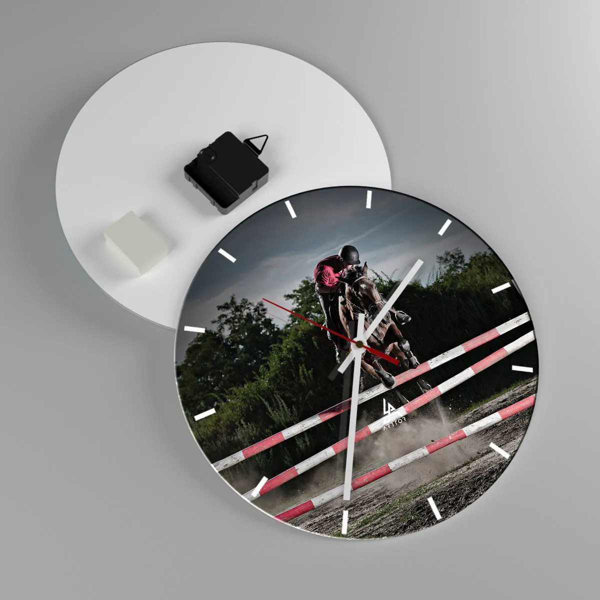 Wall clock - Clock on glass - A horse jumper during an equestrian competition - 30x30cm - Together for Victory - Modern wall decoration for the living room, kitchen, and bedroom ARTTOR