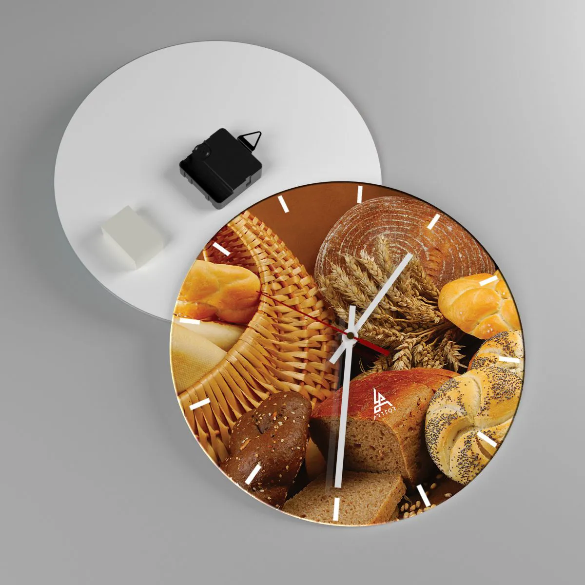 Wall clock - Clock on glass - A composition of bread and cereals in a rustic basket - 30x30cm - We've Baked It! - Modern wall decoration for the living room, kitchen, and bedroom ARTTOR