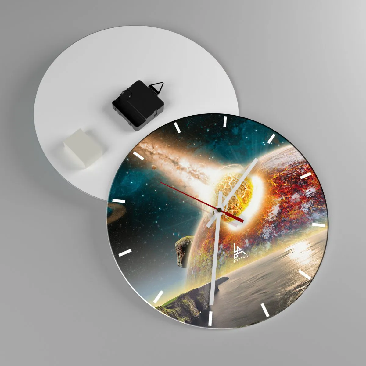 Ceas de perete - Ceas pe sticlă - Coliziunea unui asteroid cu Pământul în fundalul cosmic - 30x30cm - Drama spațială - Decorațiune modernă pentru perete pentru living, bucătărie și dormitor ARTTOR