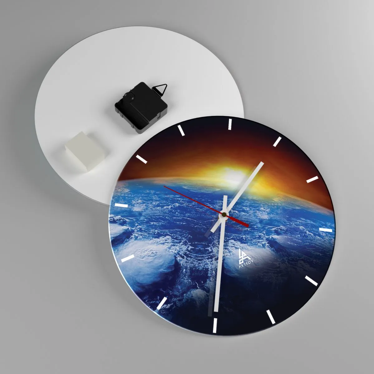 Wall clock - Clock on glass - Sunrise over Earth as seen from space - 30x30cm - Sunrise by the Blue Planet - Modern wall decoration for the living room, kitchen, and bedroom ARTTOR