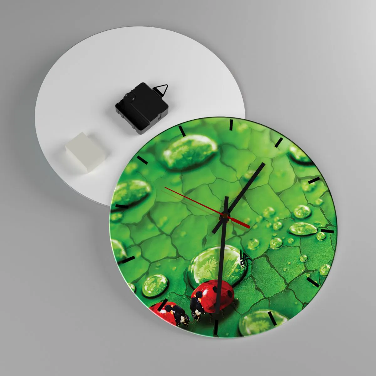 Reloj de pared - Reloj de vidrio - Mariquitas en una hoja con gotas de agua. - 30x30cm - Reunión sobre verde - Decoración de pared moderna para salón, cocina y dormitorio ARTTOR