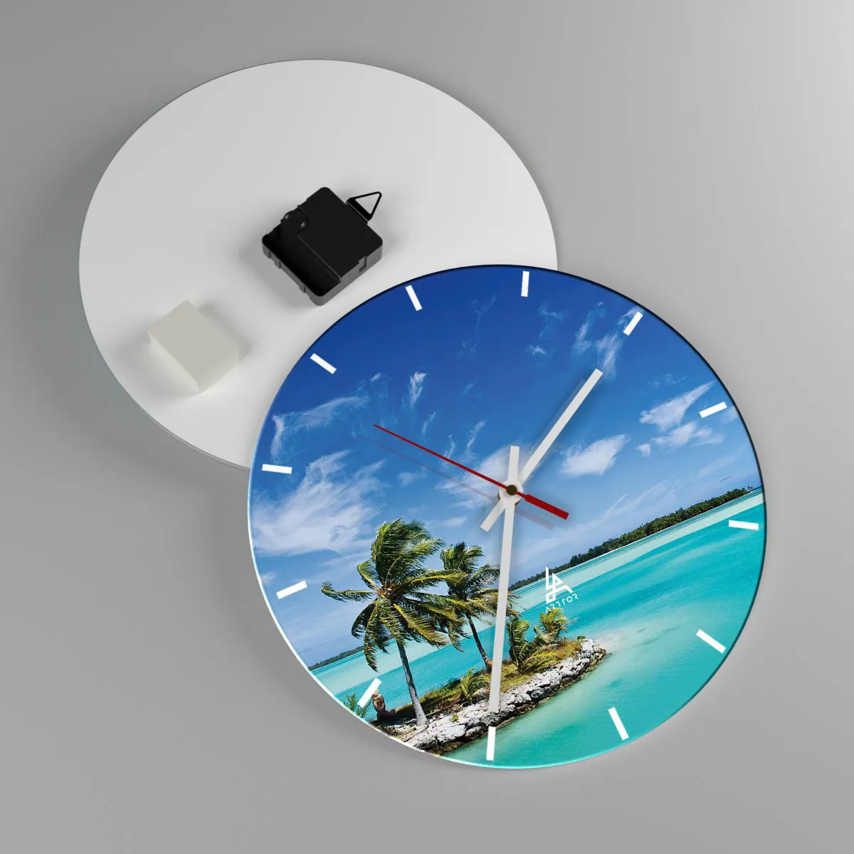 Relógio de parede - Relógio em vidro - Uma ilha tropical com palmeiras tendo como pano de fundo uma lagoa azul - 30x30cm - Paraíso na terra - Decoração de parede moderna para a sala de estar, cozinha e quarto ARTTOR