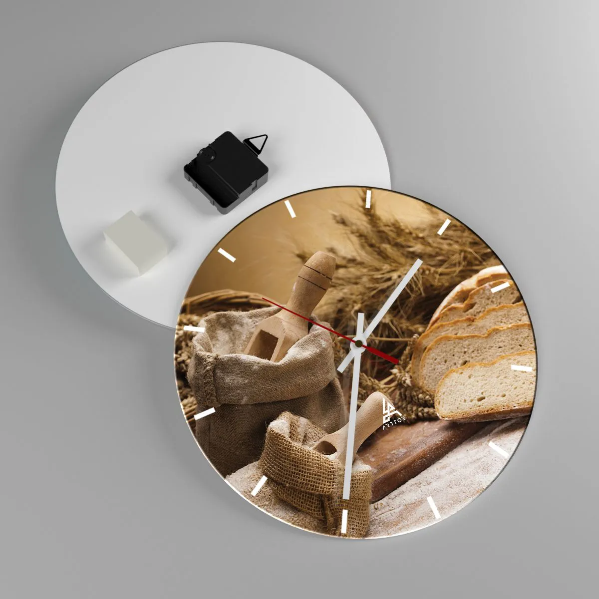 Vægur, Uret - En pose mel, brød og kornaks i rustik stil - 30x30cm - Som skåret en kniv - Moderne vægdekoration til stue, køkken og soveværelse ARTTOR