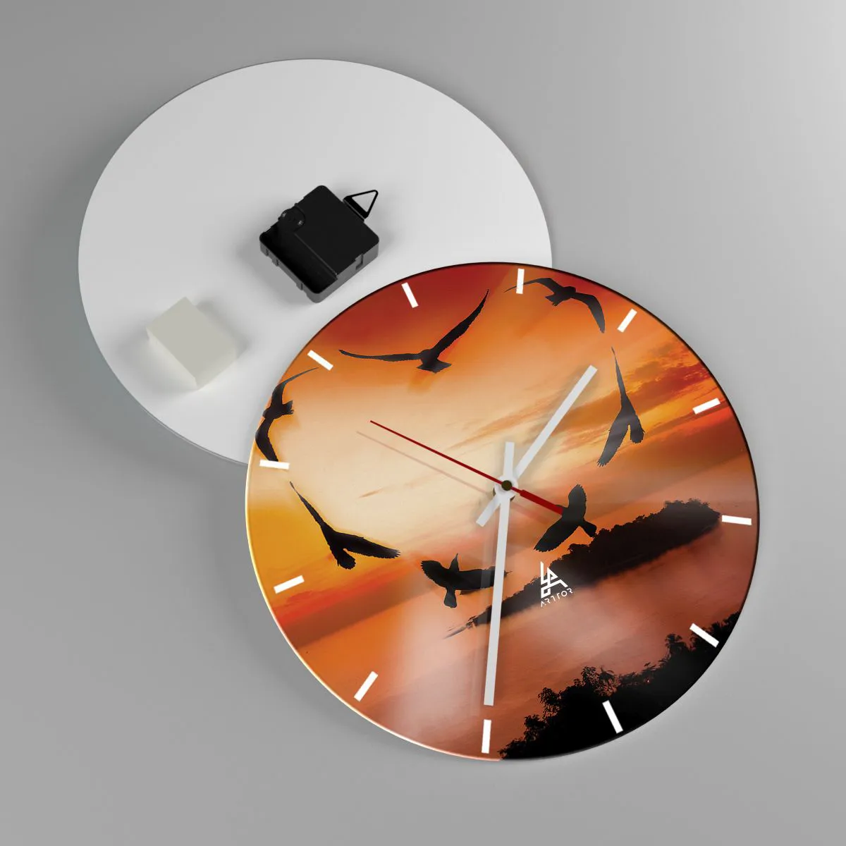 Reloj de pared - Reloj de vidrio - Pájaros sobre la isla al atardecer - 30x30cm - Ama el mundo como los pájaros - Decoración de pared moderna para salón, cocina y dormitorio ARTTOR