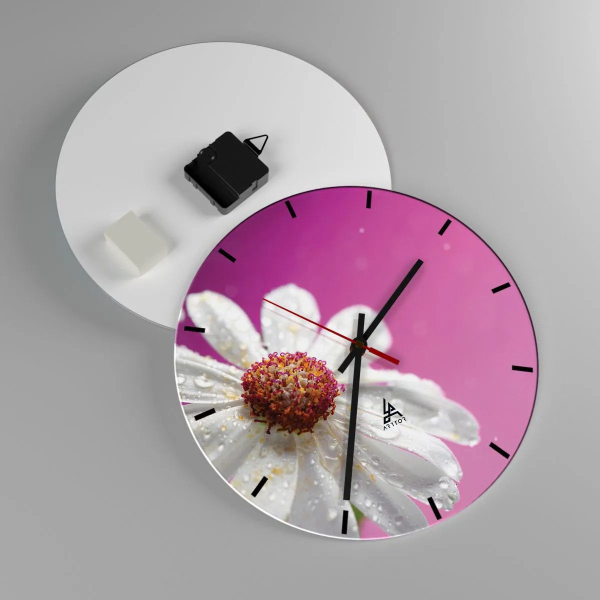 Ceas de perete - Ceas pe sticlă - O margaretă albă acoperită cu picături de apă pe un fundal roz - 30x30cm - Modestă în frumusețea ei - Decorațiune modernă pentru perete pentru living, bucătărie și dormitor ARTTOR