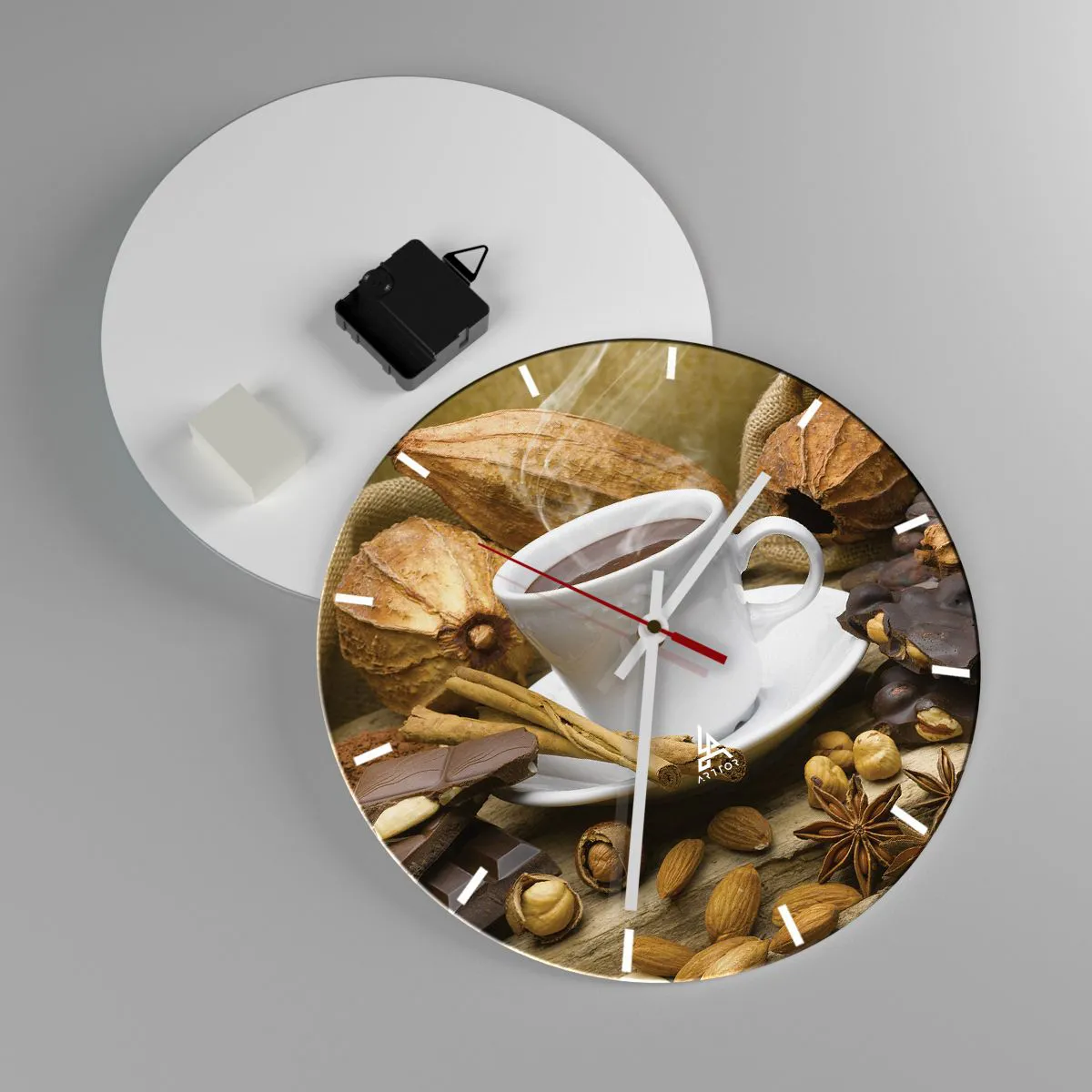 Relógio de parede - Relógio em vidro - Uma xícara de chocolate quente com especiarias e grãos de cacau - 30x30cm - Para os que procuram emoções - Decoração de parede moderna para a sala de estar, cozinha e quarto ARTTOR