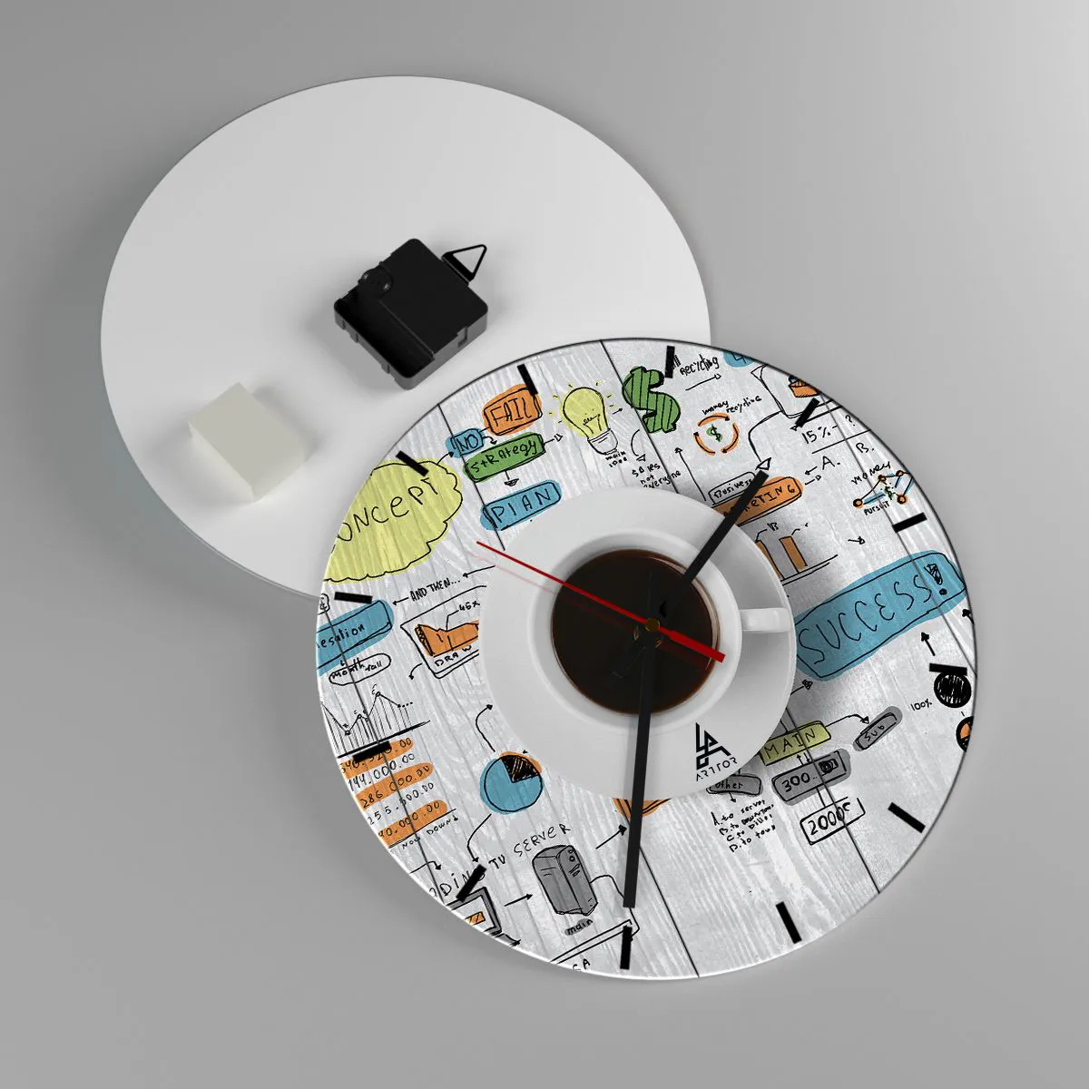 Wanduhr - Glasuhr - Eine Tasse Kaffee vor dem Hintergrund eines Businessplans und Diagrammen - 30x30cm - Zeit für eine Pause - Moderne Wanddekoration für Wohnzimmer, Küche und Schlafzimmer ARTTOR