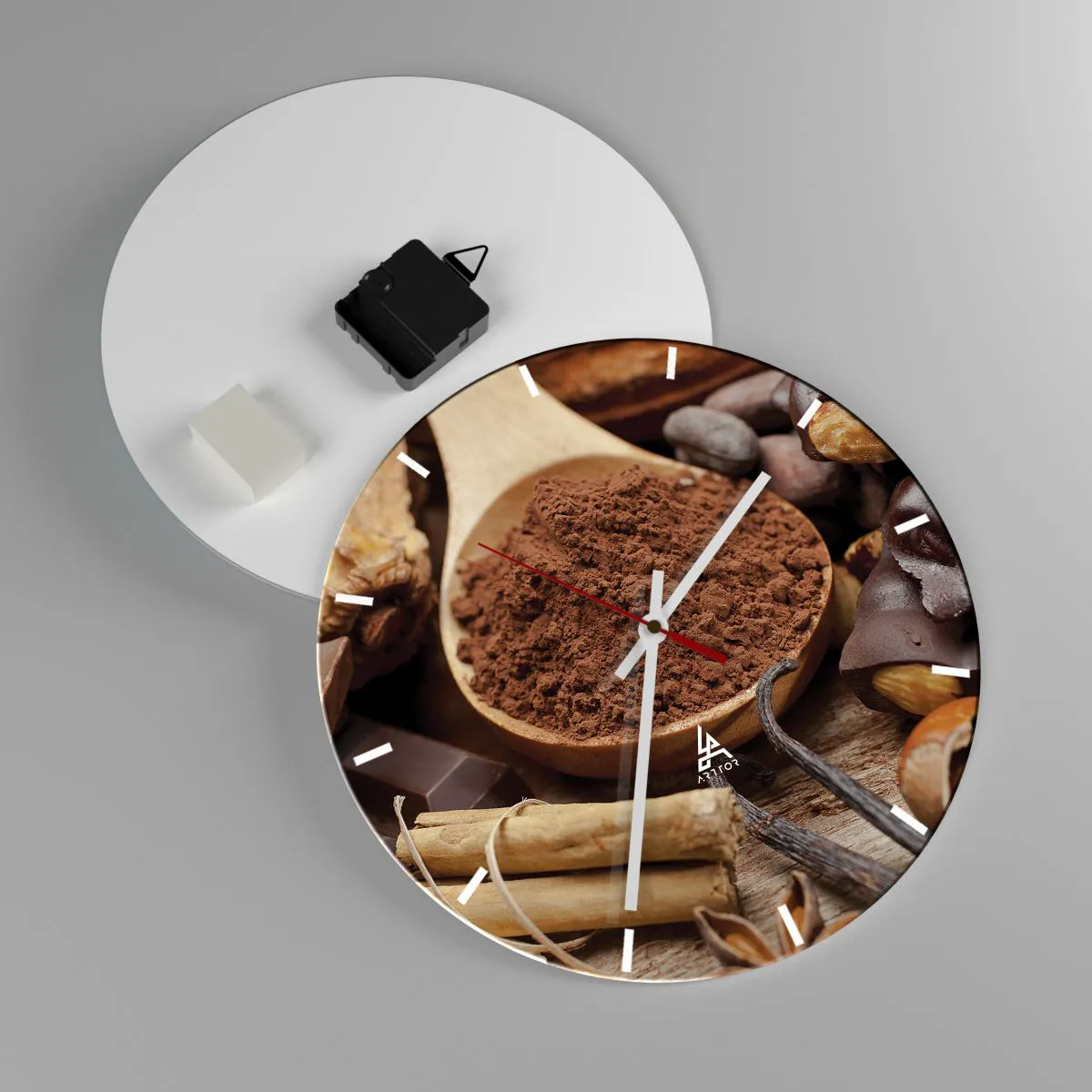 Nástěnné hodiny - Lžíce kakaa obklopená kořením a kousky čokolády - 30x30cm - Nejlepší na smutek - Moderní nástěnná dekorace do obývacího pokoje, kuchyně a ložnice ARTTOR
