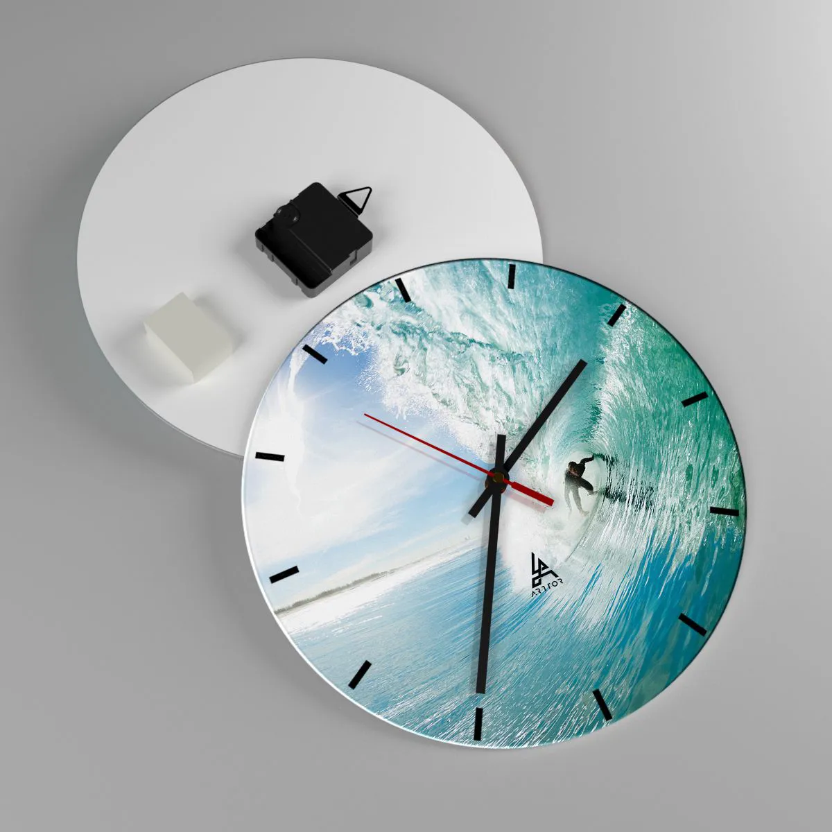 Ceas de perete - Ceas pe sticlă - Surfer într-un tunel de apă pe un cer albastru - 30x30cm - Întotdeauna pe val - Decorațiune modernă pentru perete pentru living, bucătărie și dormitor ARTTOR