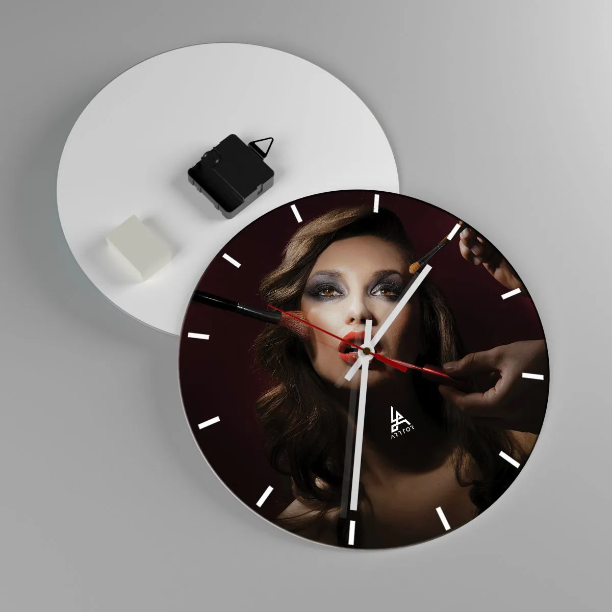 Wall clock - Clock on glass - Portrait of a woman getting her makeup done - 30x30cm - Beautiful and Dreamy - Modern wall decoration for the living room, kitchen, and bedroom ARTTOR