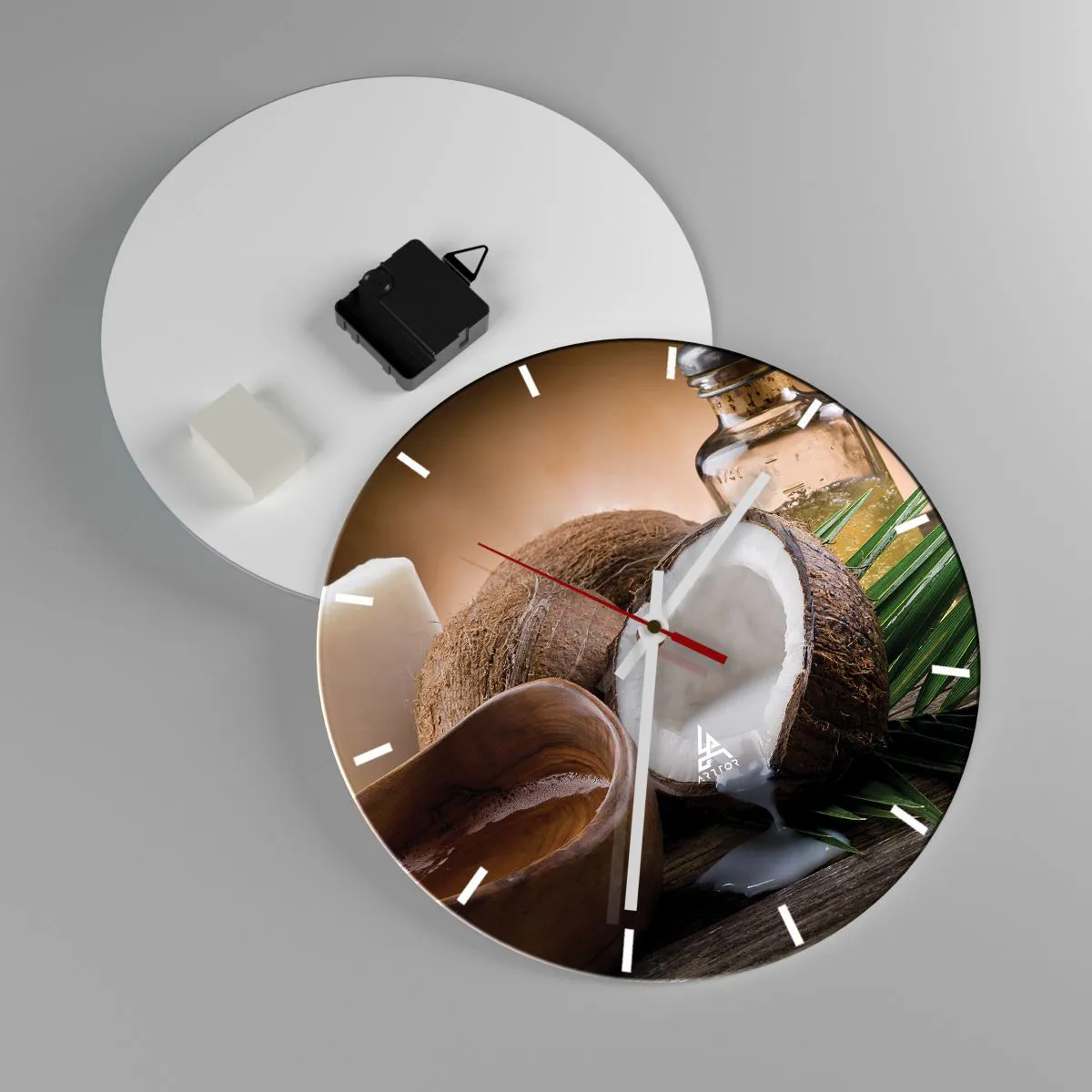 Väggklocka - Klocka på glas - Delad kokosnöt med mjölk och tropiska tillbehör - 30x30cm - Hälsa från tropiska öar - Modern väggdekoration för vardagsrum, kök och sovrum ARTTOR